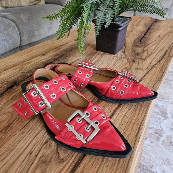 Ganni Chunky Buckle Ballerina Racing Red Slingback Flats / Sandals - Picture 10 of 13